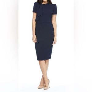 NWT Maggy London Tie Neck Puff Sleeve Scuba Crepe Midi Dress Navy Blue 14